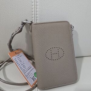 Brand New Elegant Taupe Leather Crossbody Zipper Wallet Bag With Strap